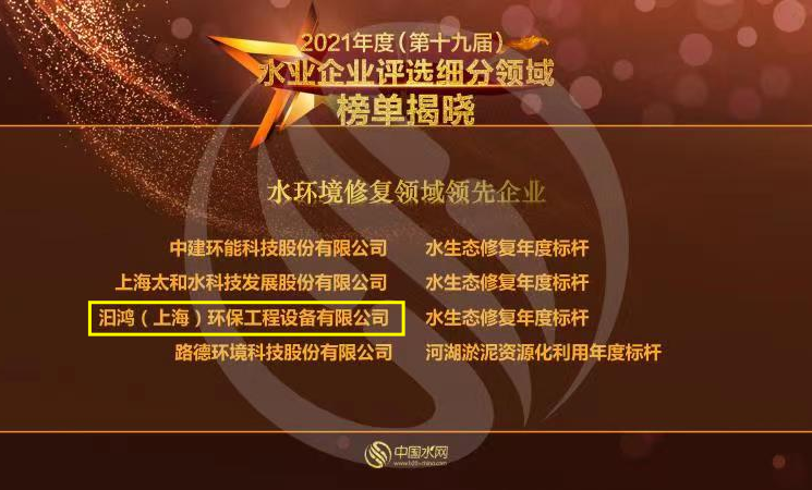 喜報(bào)！汩鴻環(huán)保榮獲“2021年度水環(huán)境修復(fù)領(lǐng)域領(lǐng)先企業(yè)”